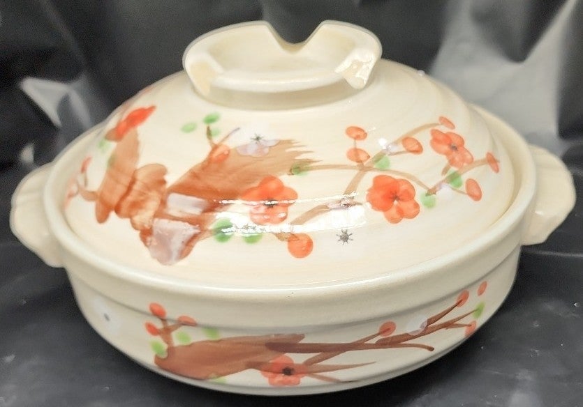 Donabe Hot Pot Lid Japanese Earthenware Bowl 8 dia Clay Red Flowers 1.125 qt