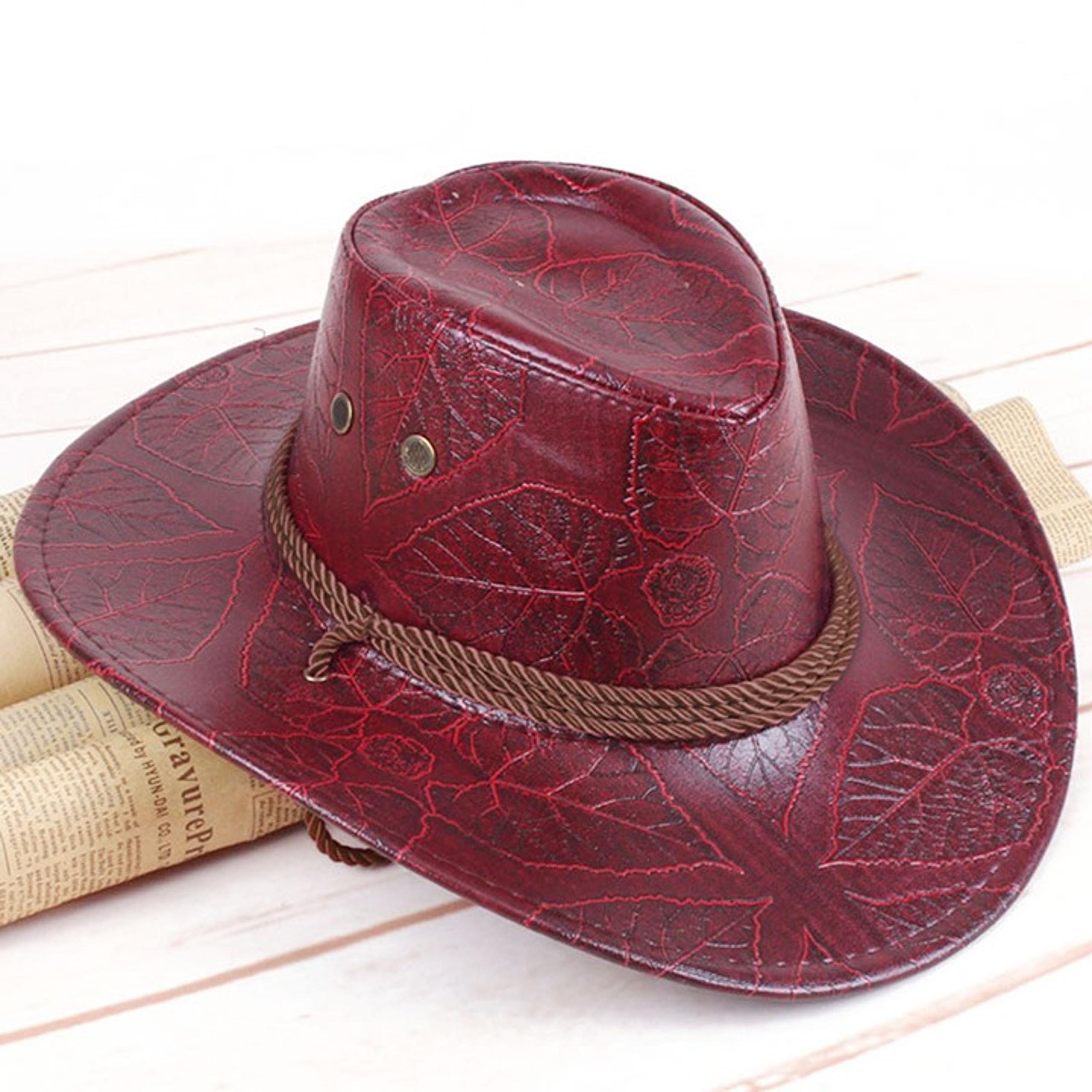 Faux Leather Mens Cowboy Hat, Maroon/Red with Strap, Rope - Western Wide Brim
