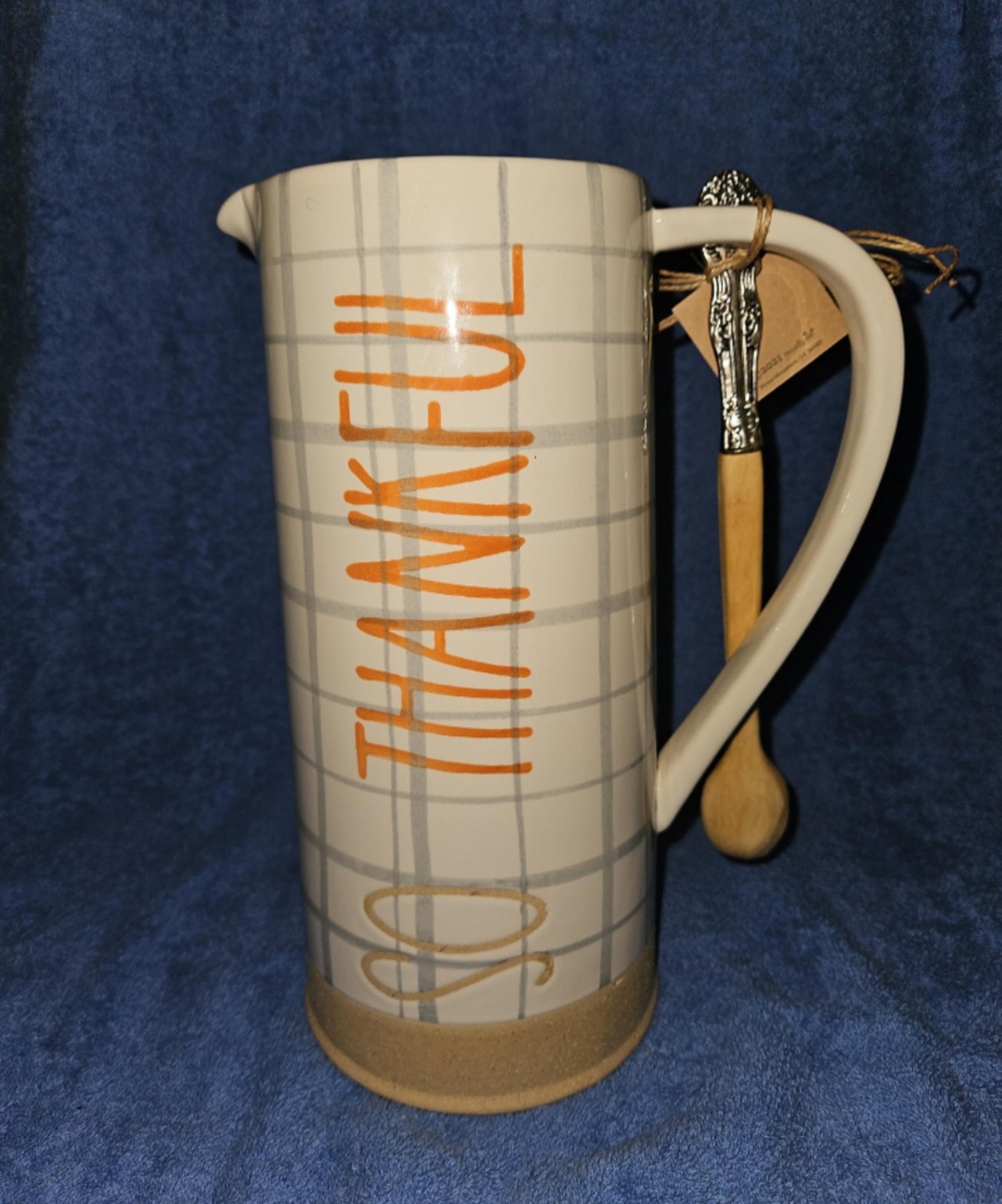 NWT Mud Pie "Be Grateful" "So Thankful" Plaid Pitcher