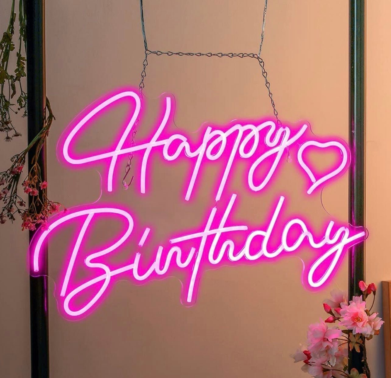 Adorable Bright Pink “Happy Birthday” Heart LED Hanging Light Sign Wall Decorati