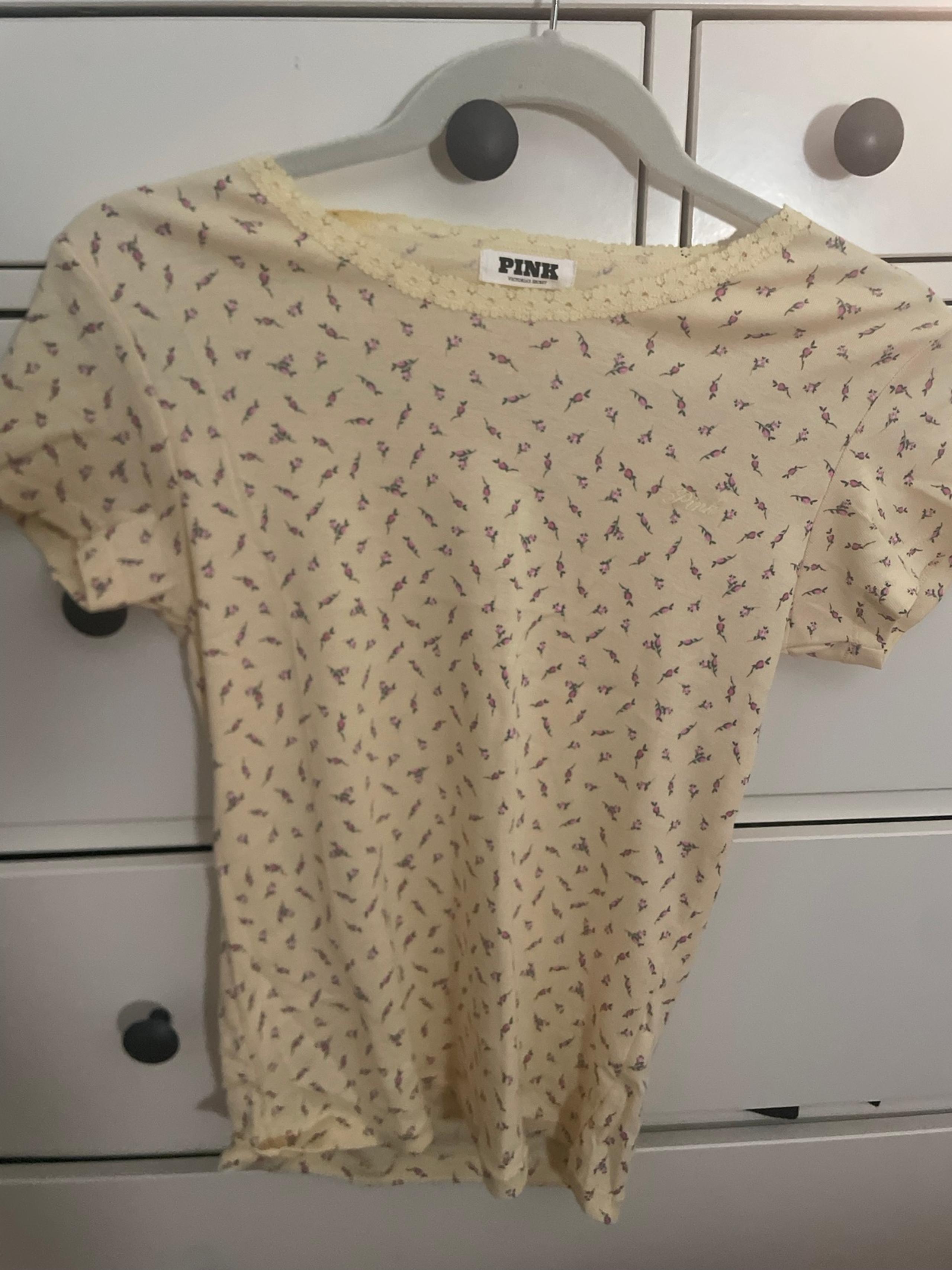 Victoria’s Secret pink ditsy floral yellow lace trim top