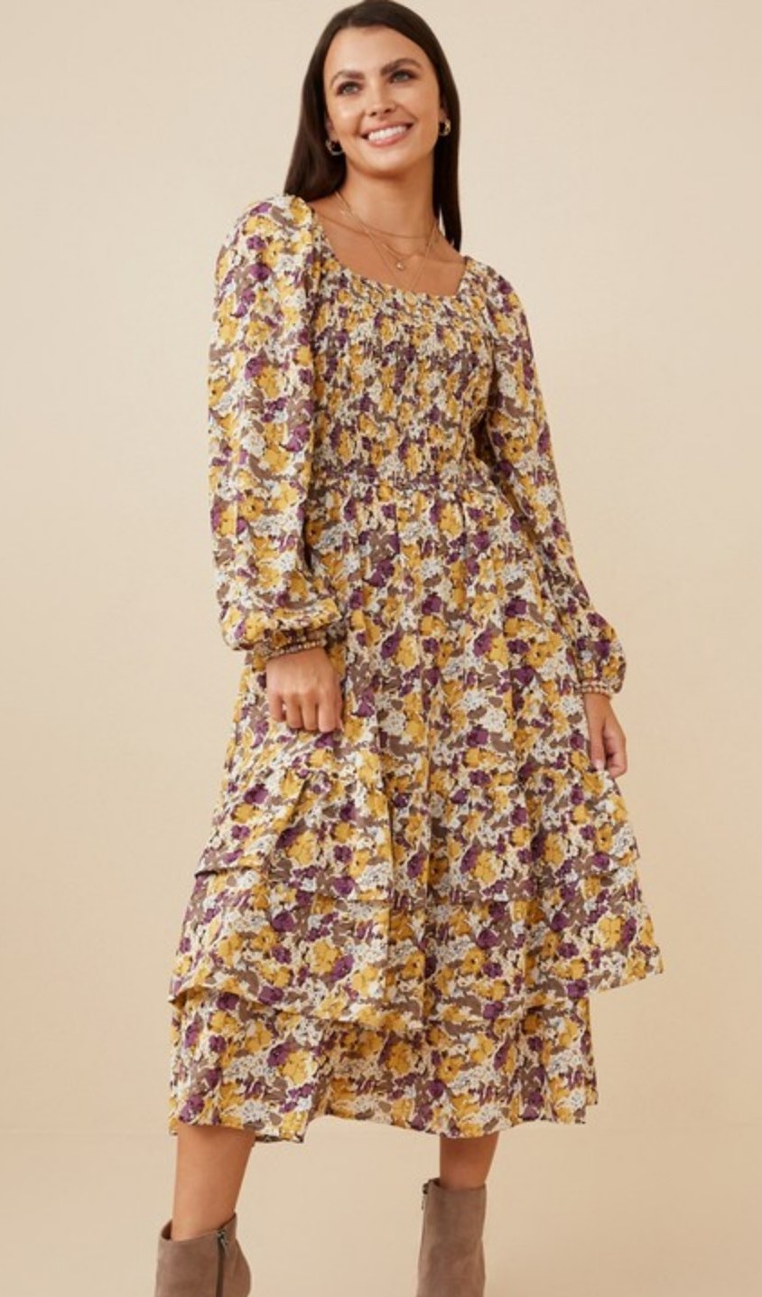 Long Sleeve Floral Dress NWT Square Neck Yellow and Purple Maternity Friendly