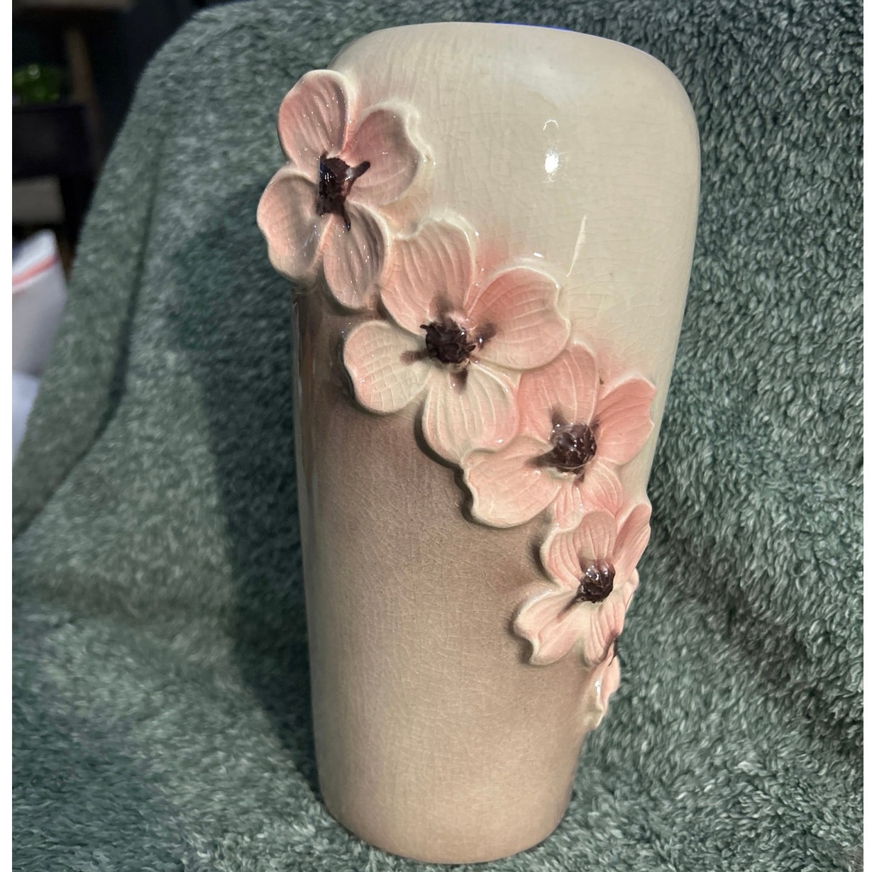 Vintage 1940s Royal Copley Pink & Brown Dogwood Raised Flowers Vase