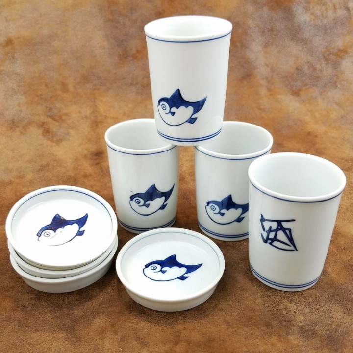 4 Kawaii Hirezake Porcelain Cups & Covers Fugu Puffer Fish Japan Blowfish Saki