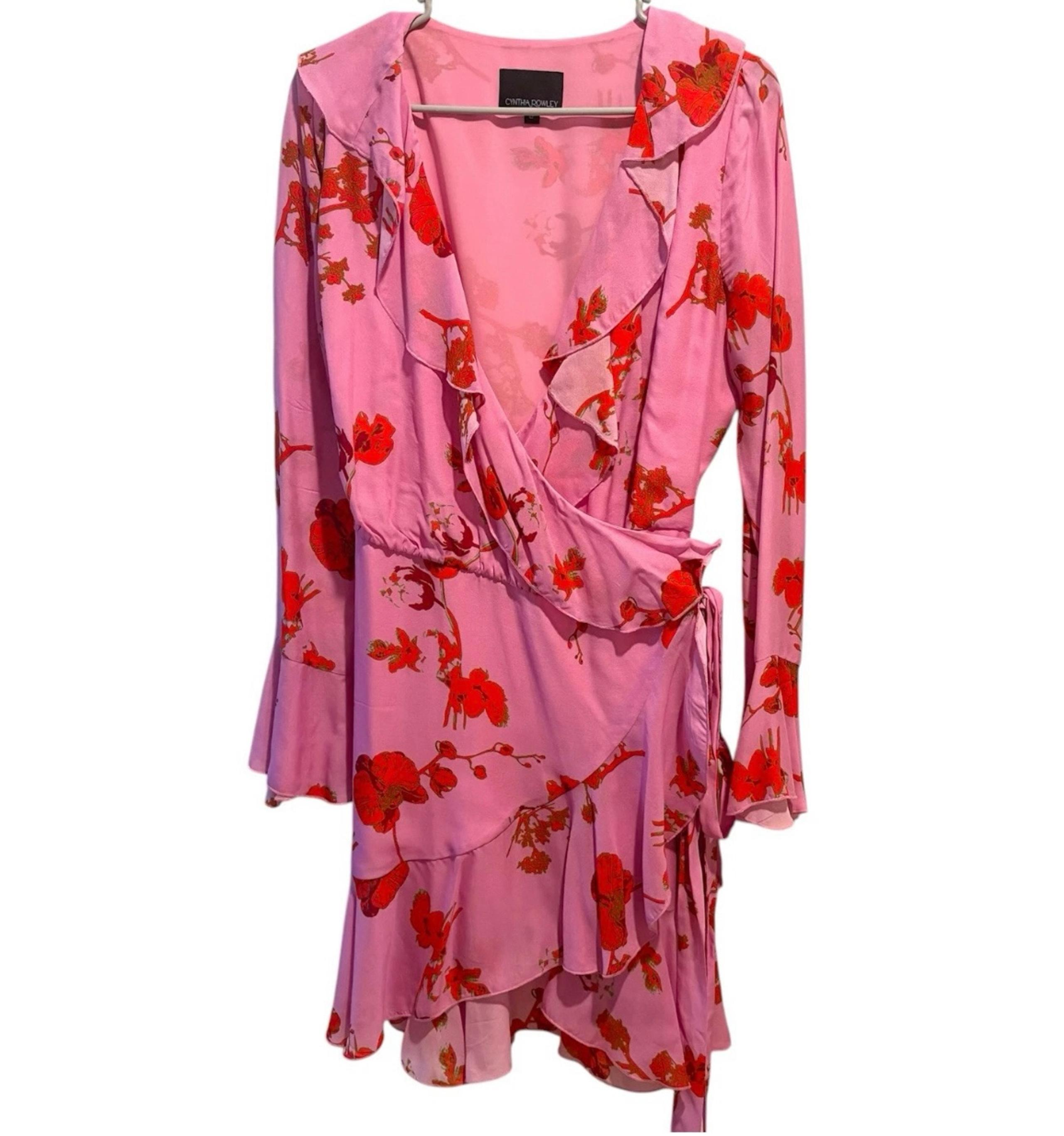 Cynthia Rowley Malibu Floral Pink Wrap Dress L Bell Sleeve Ruffle Romantic