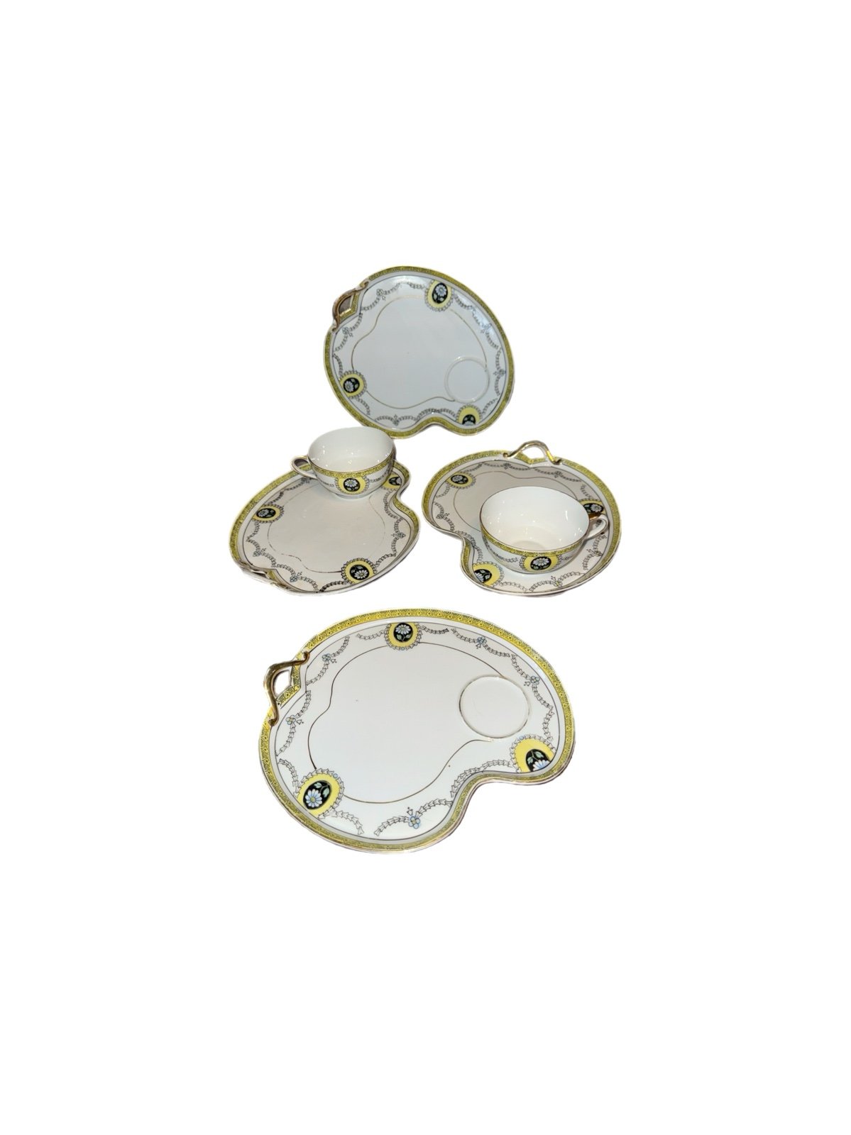 Vintage Noritake Morimura 4 Snack Plates 2 Cups w/ Yellow, Black Swags & Daisy