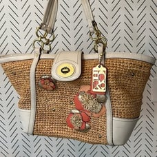 Coach Hampton Floral Applique Straw Weekend Coral White Tote Shoulder Bag 19347