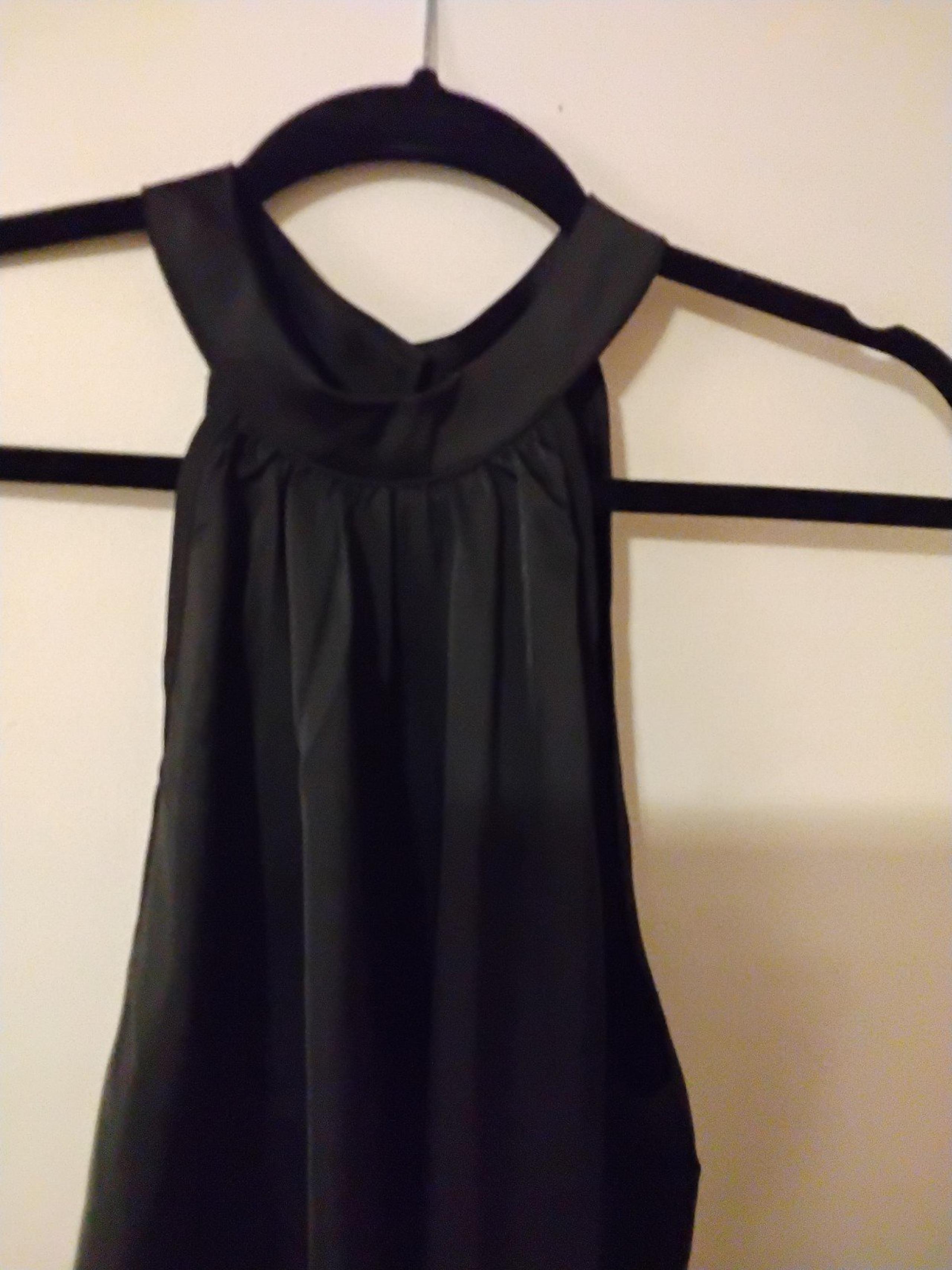 Paparazzi L Black Silky Halter Top W/ Open Back Slit w/ Rhinestones