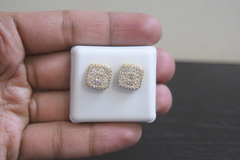14k Gold Diamond Iced Out Square Screw Back Earrings