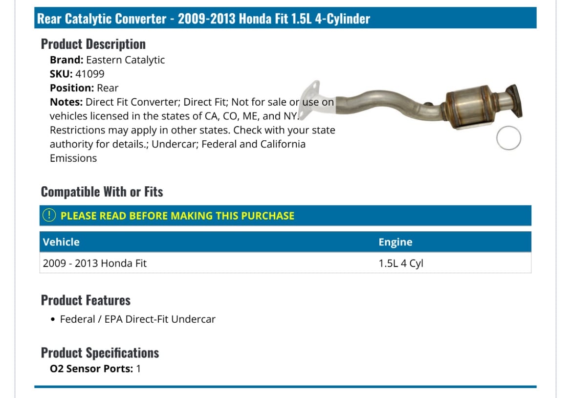 41099 Eastern Catalytic Converter 09-13 Honda Fit