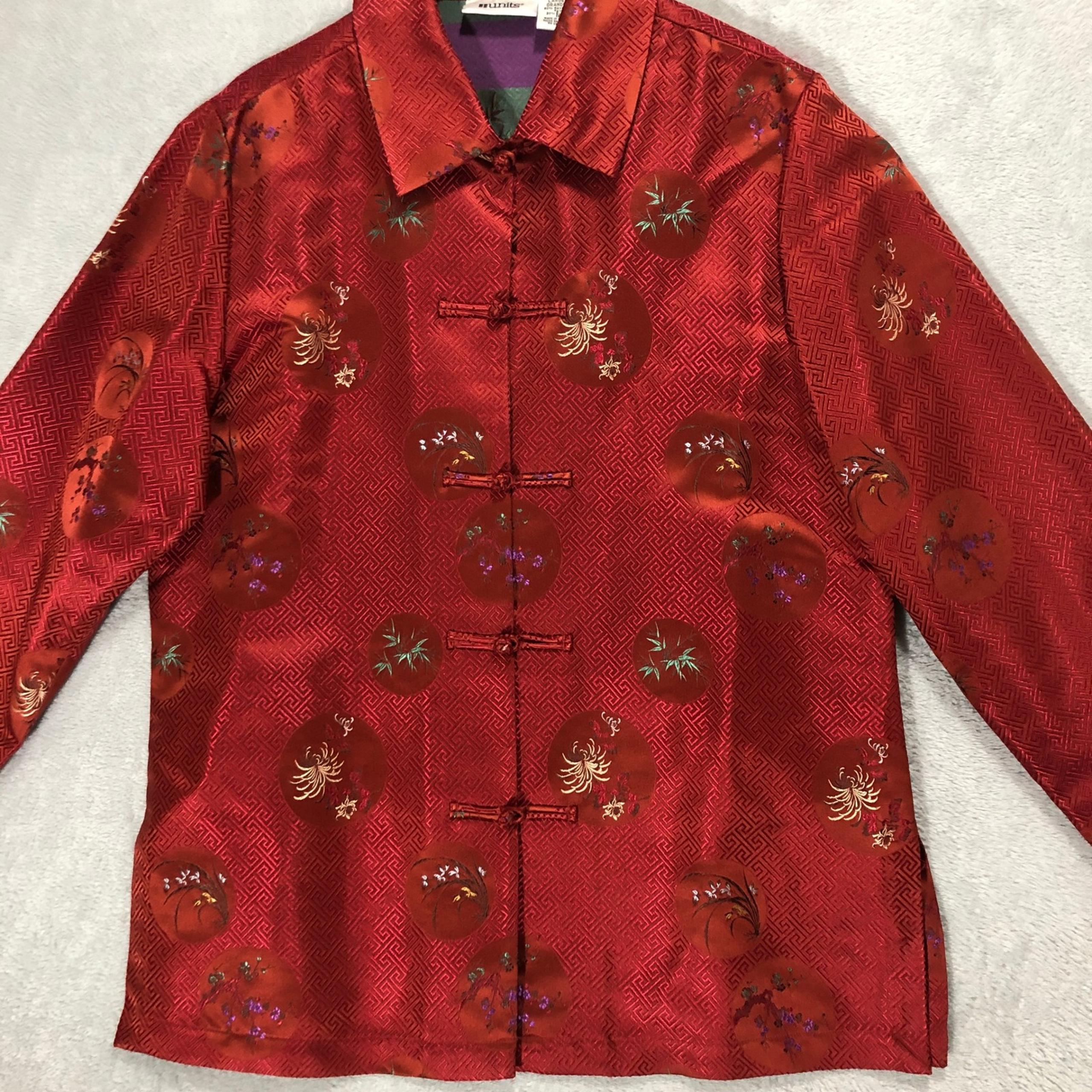 Units Asian Style Jacket Floral Print Button Up Rayon Silk Blend Large