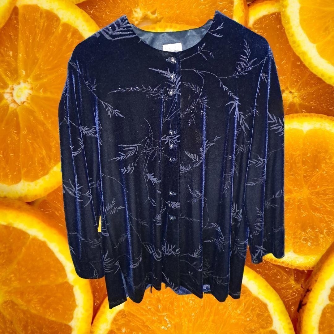 Vintage R&M Richards By Karen Kwong Blue Velvet Button Up Blouse Size 14