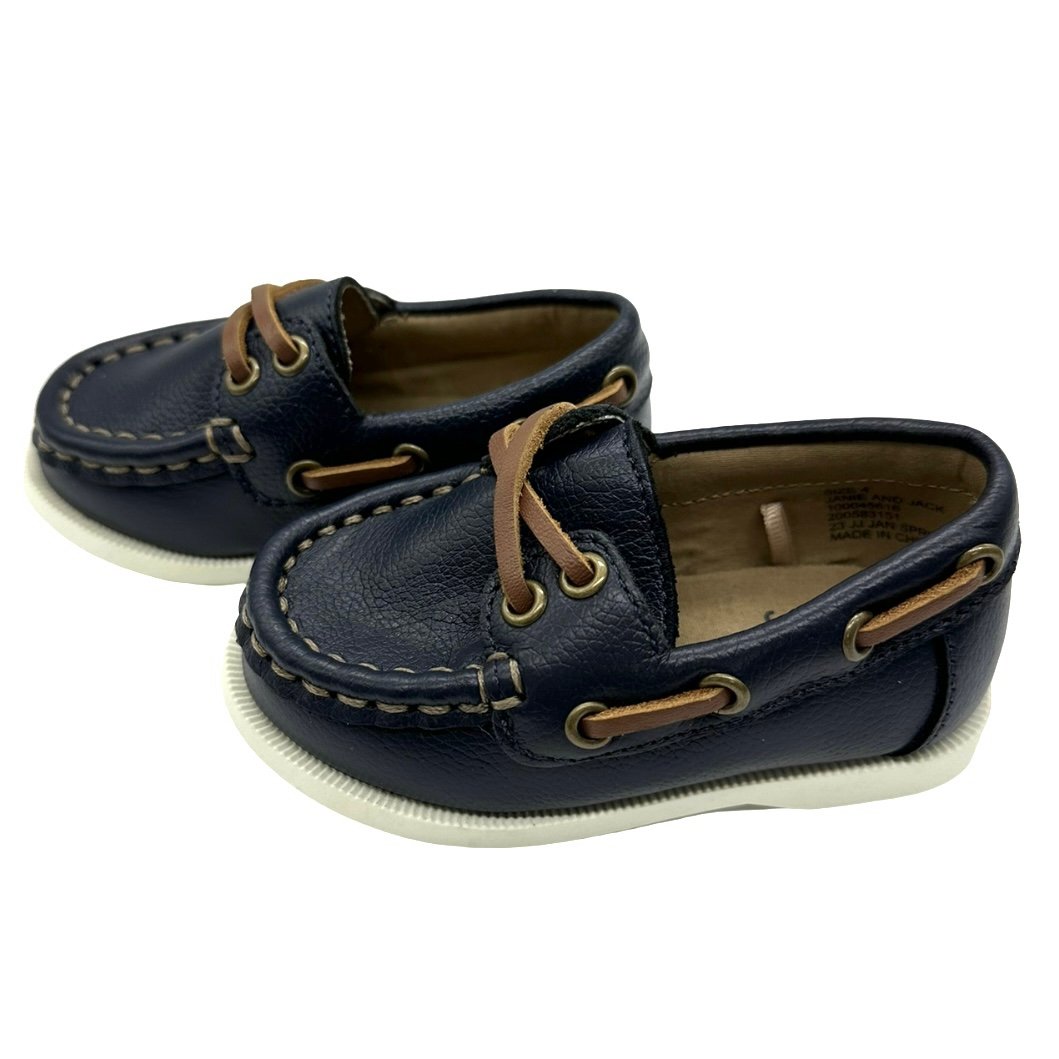 NWT New Janie and Jack Leather Navy Blue Nautical Boat Shoes, Leather, size 4