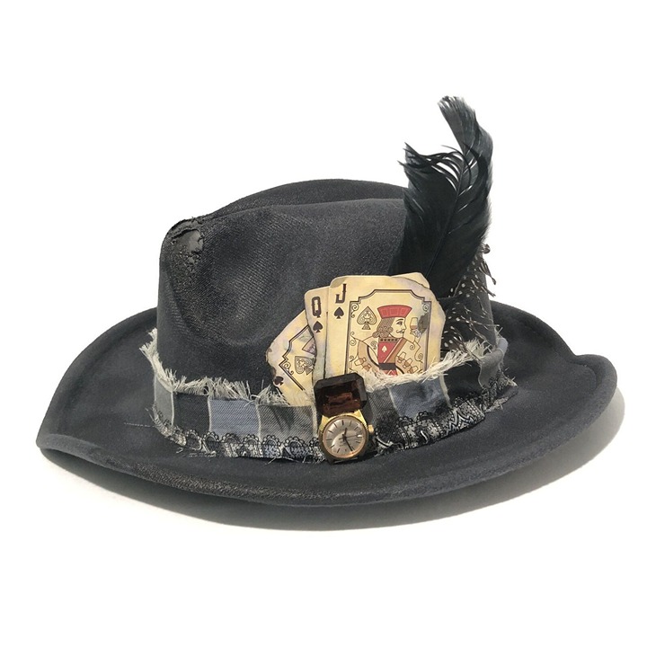 Tazzle’s 1of1 Custom Western Fedora Hat-Black Felt, Feather, Watch Face, Gem Etc