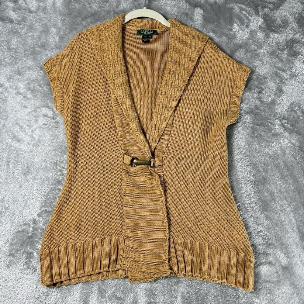 VTG Ralph Lauren LRL Cardigan Womens PL Linen Blend Camel Tan Equestrian Sweater