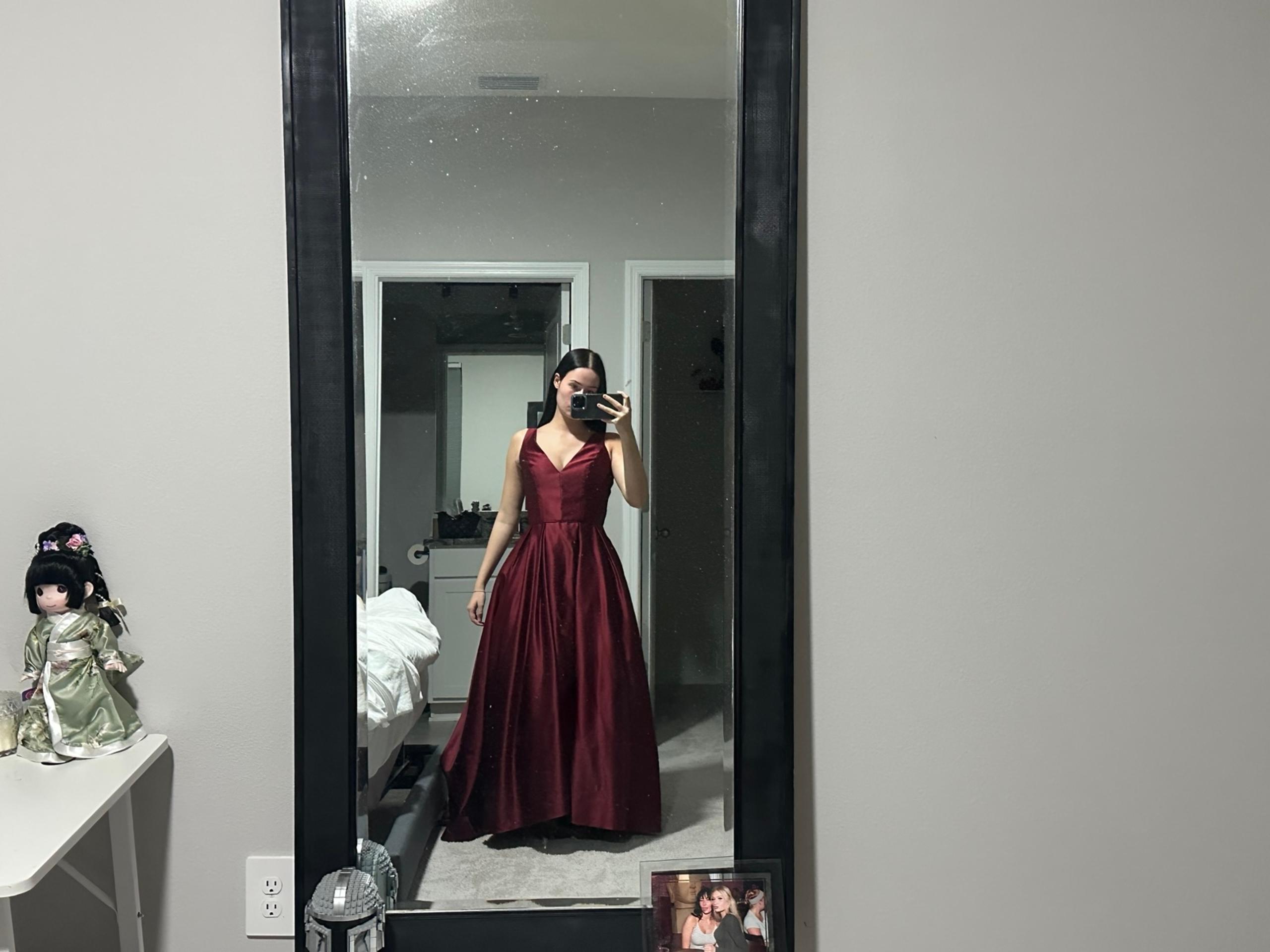 Betsy Adam ball gown v cut maxi dress maroon red