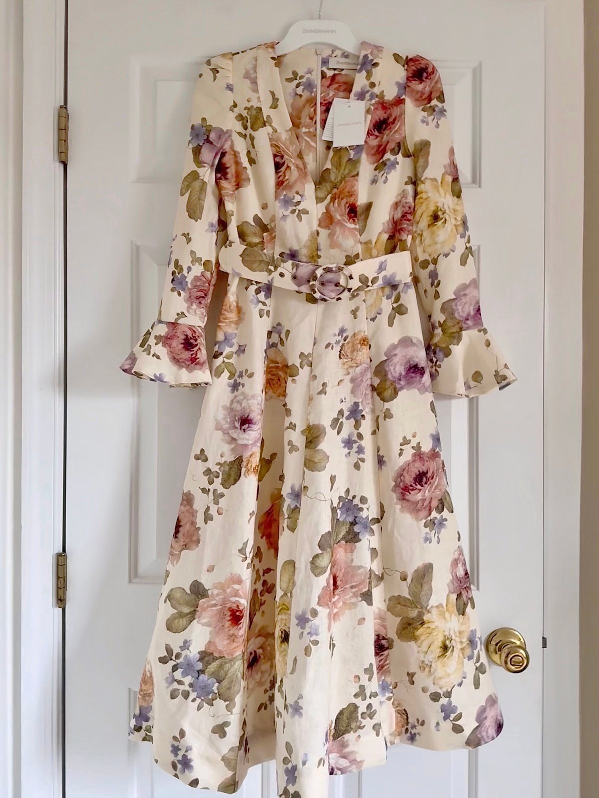 NWT 950 Zimmermann Luminosity Floral Bell Sleeve V Neck Midi Linen Dress AU1 S