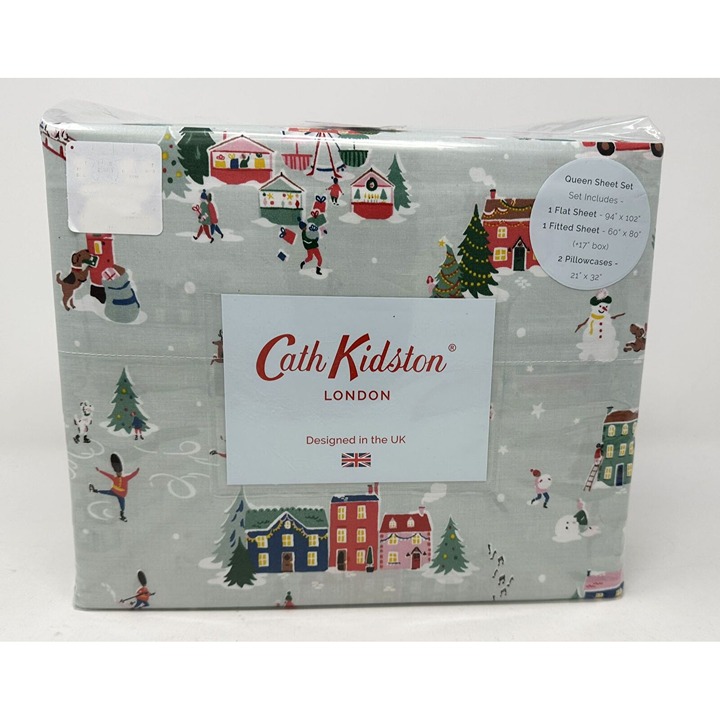 CATH KIDSTON SNOW DAY Queen Sheet Set Duckegg Winter Christmas Village NIB NEW