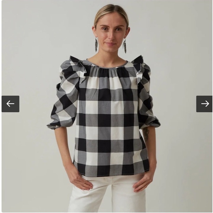 Sara Roka Black and Blue Gingham Print Ruffle Blouse