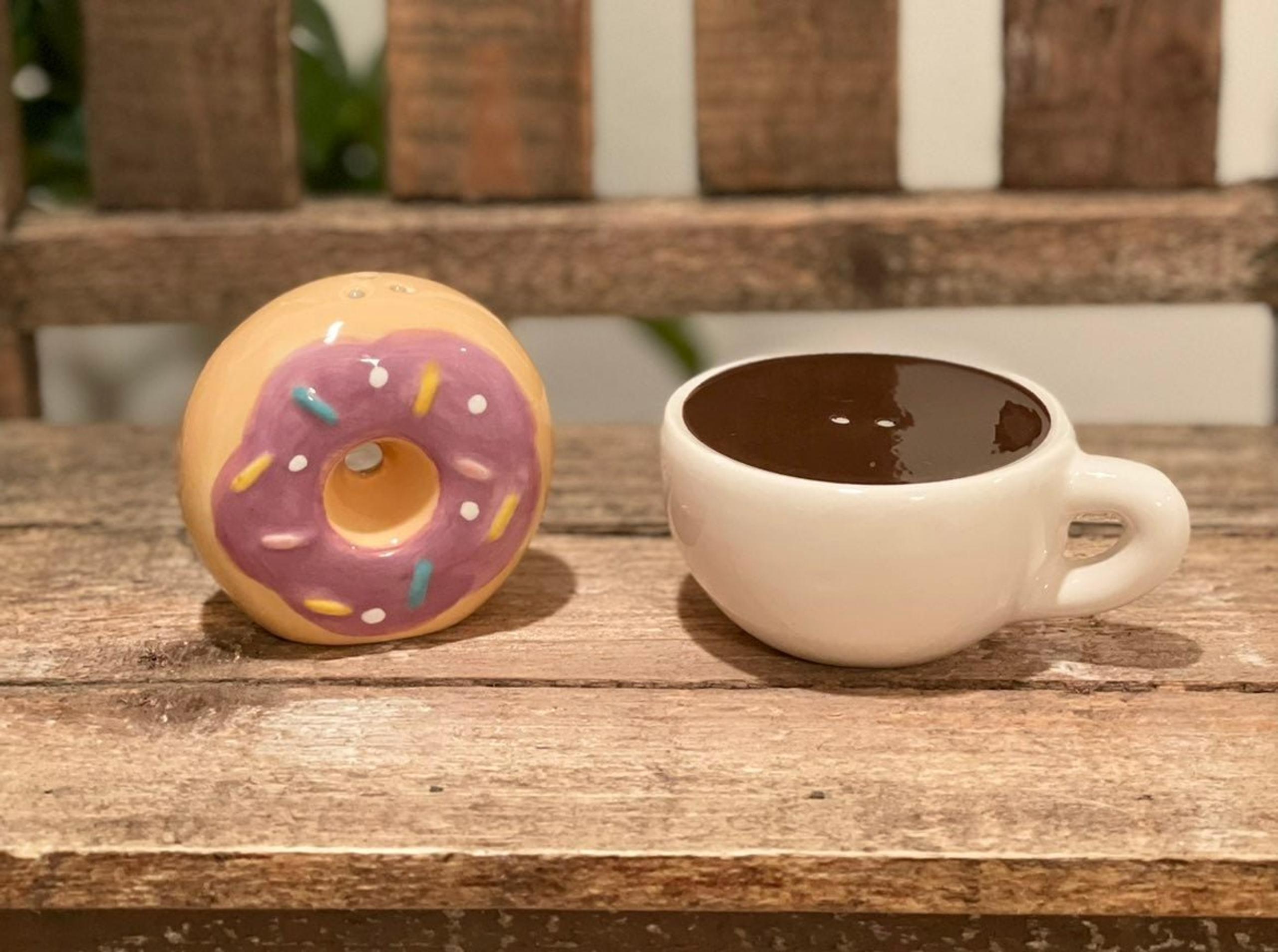 Target Bullseye Ceramic Salt & Pepper Shakers - Coffe and donut