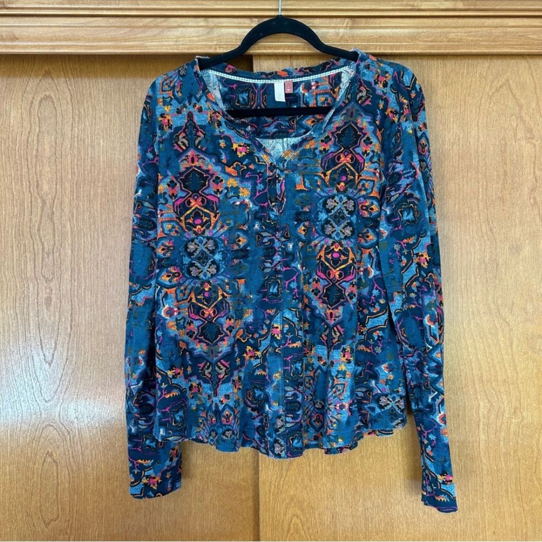 Anthropologie Pilcro Boho Abstract Patterned Long Sleeve Waffle Knit Thermal Top