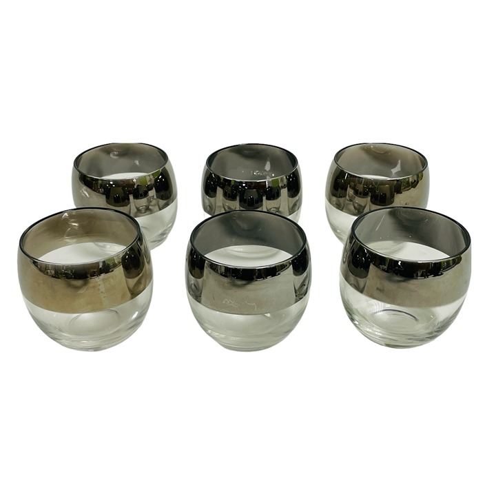 (6) Clear Glass Silver Mirrored Rim Vintage 8 oz Glass Whiskey Cocktail Lowballs