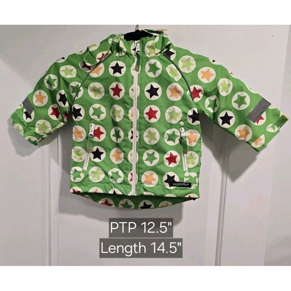 Villervalla Kids Adjustable Hooded Winter Jacket Size 80 (1yr) Green Stars EUC