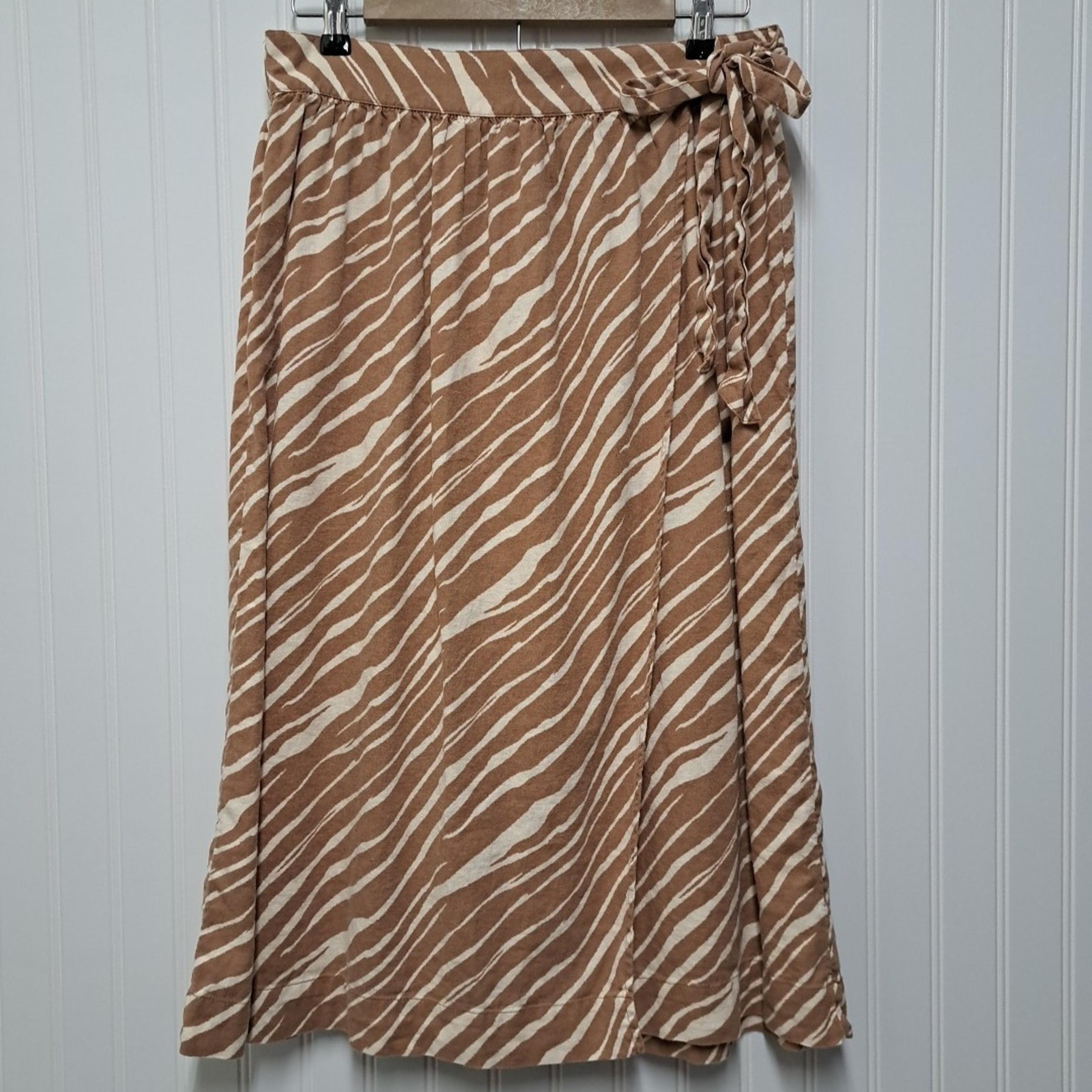 A New Day Skirt Womens M Brown Cream Striped Linen Sarong Wrap Pull On Beachy
