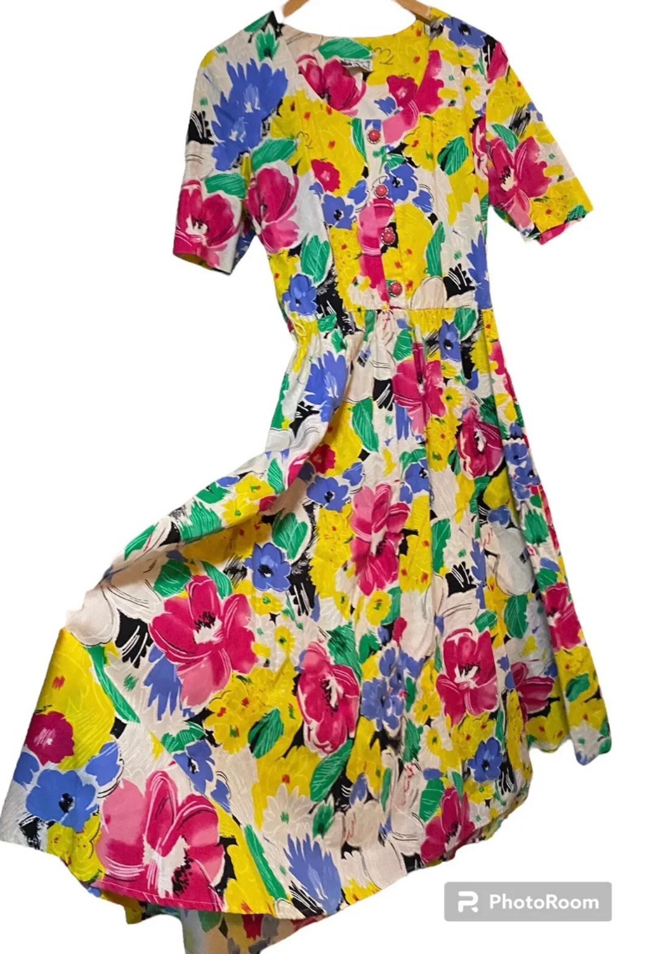 Vtg USA 80s Bold Colorful Cottage Core Long Floral Tea Dress full skirt A Line