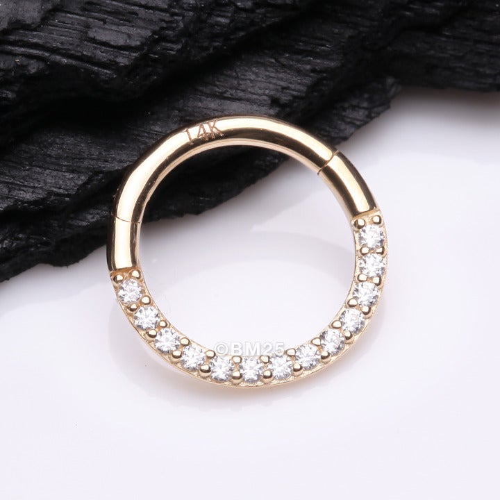 14 Karat Gold Brilliant Sparkle Gems Front Lined Clicker Hoop Ring - 10mm