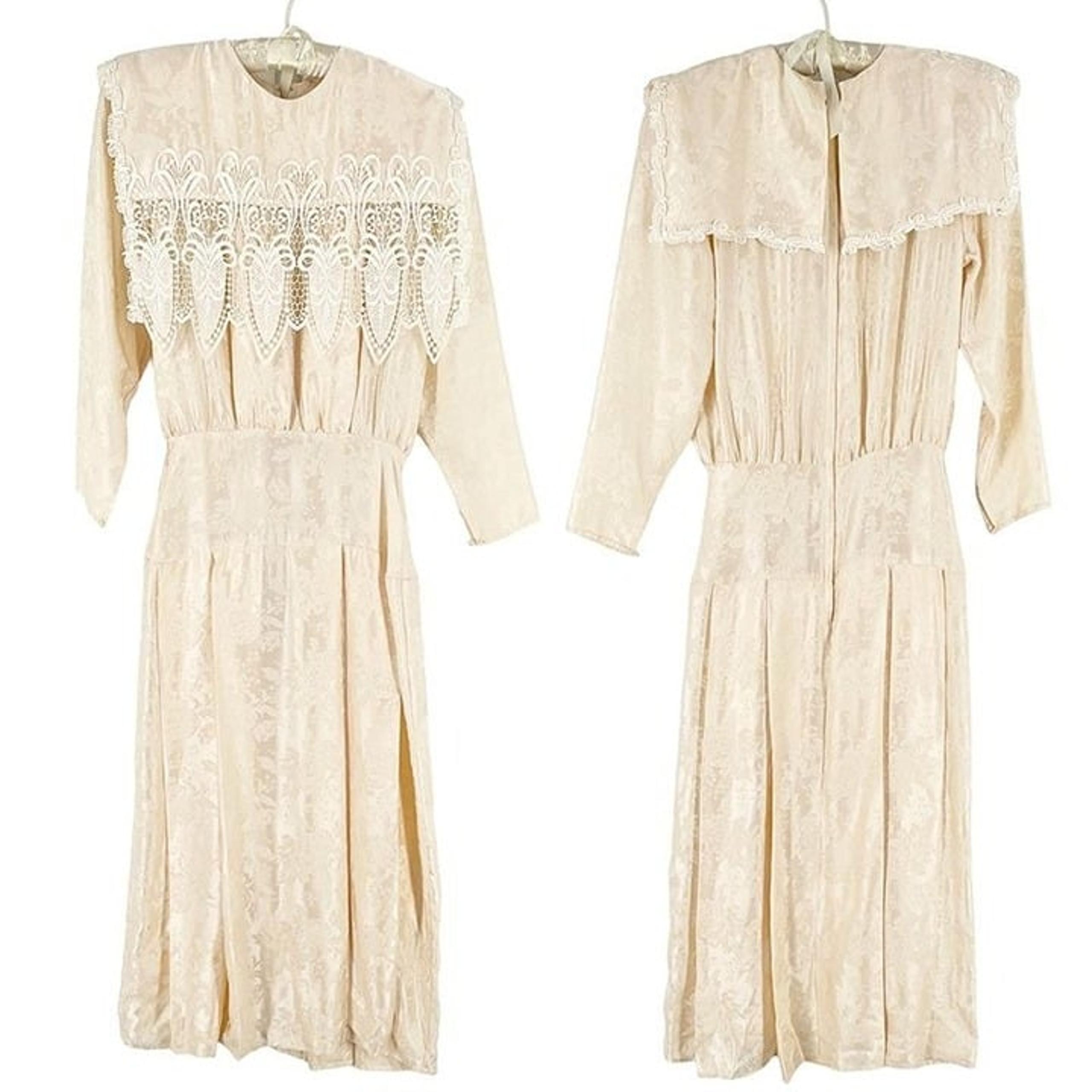 Jessica McClintock Vintage 80s Cream 100% Silk Brocade Lace Trimmed Midi Dress 6