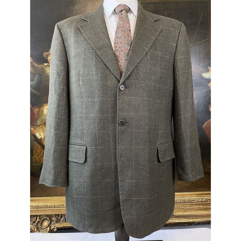 Mickey Spatz 42L Italy Made Olive Windowpane Silk Linen Wool Tweed 3Btn Blazer