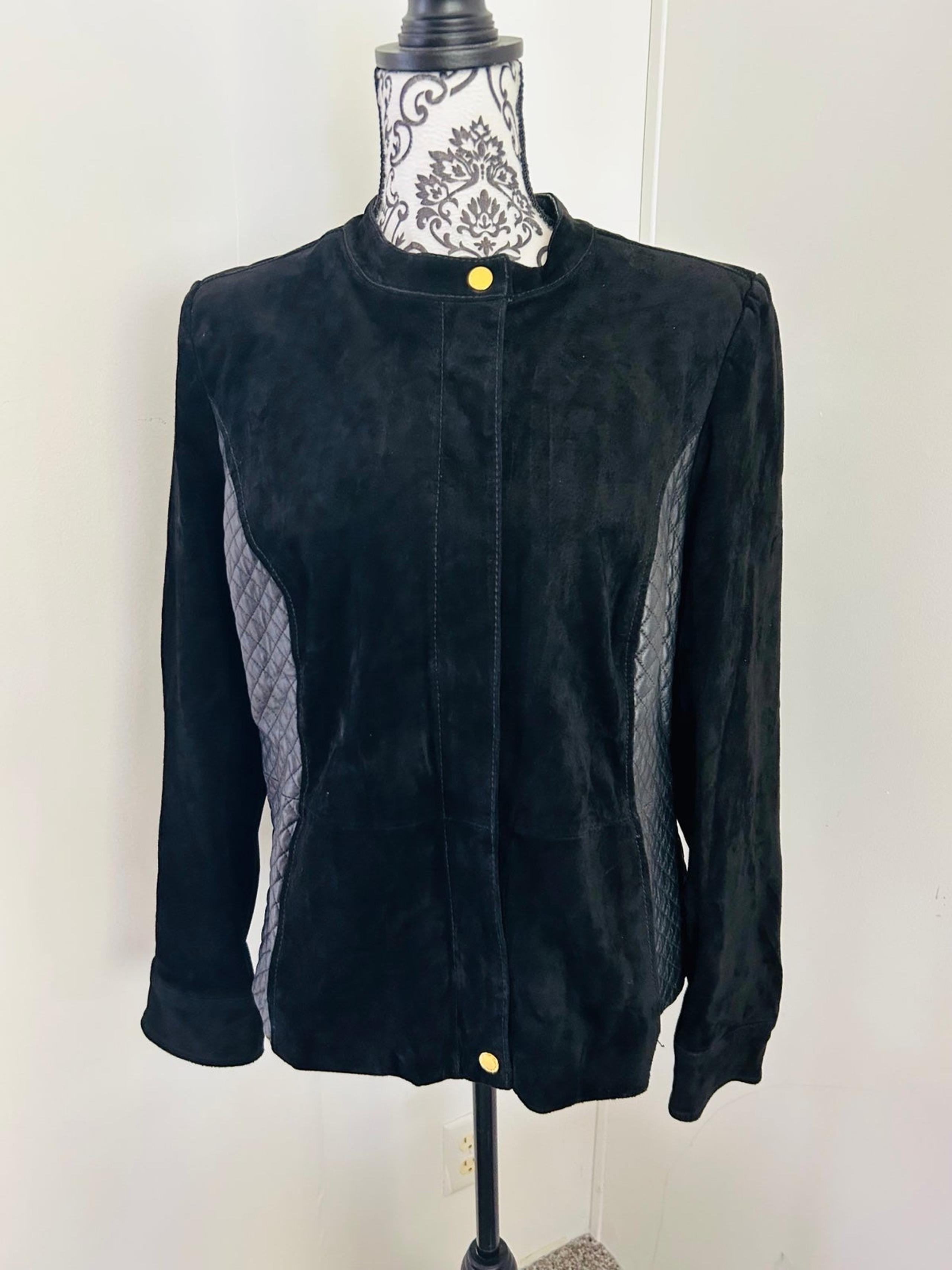 ISAAC Mizrahi Live Women’s Black Genuine Suede Quilted Detail Full Zip Jacket