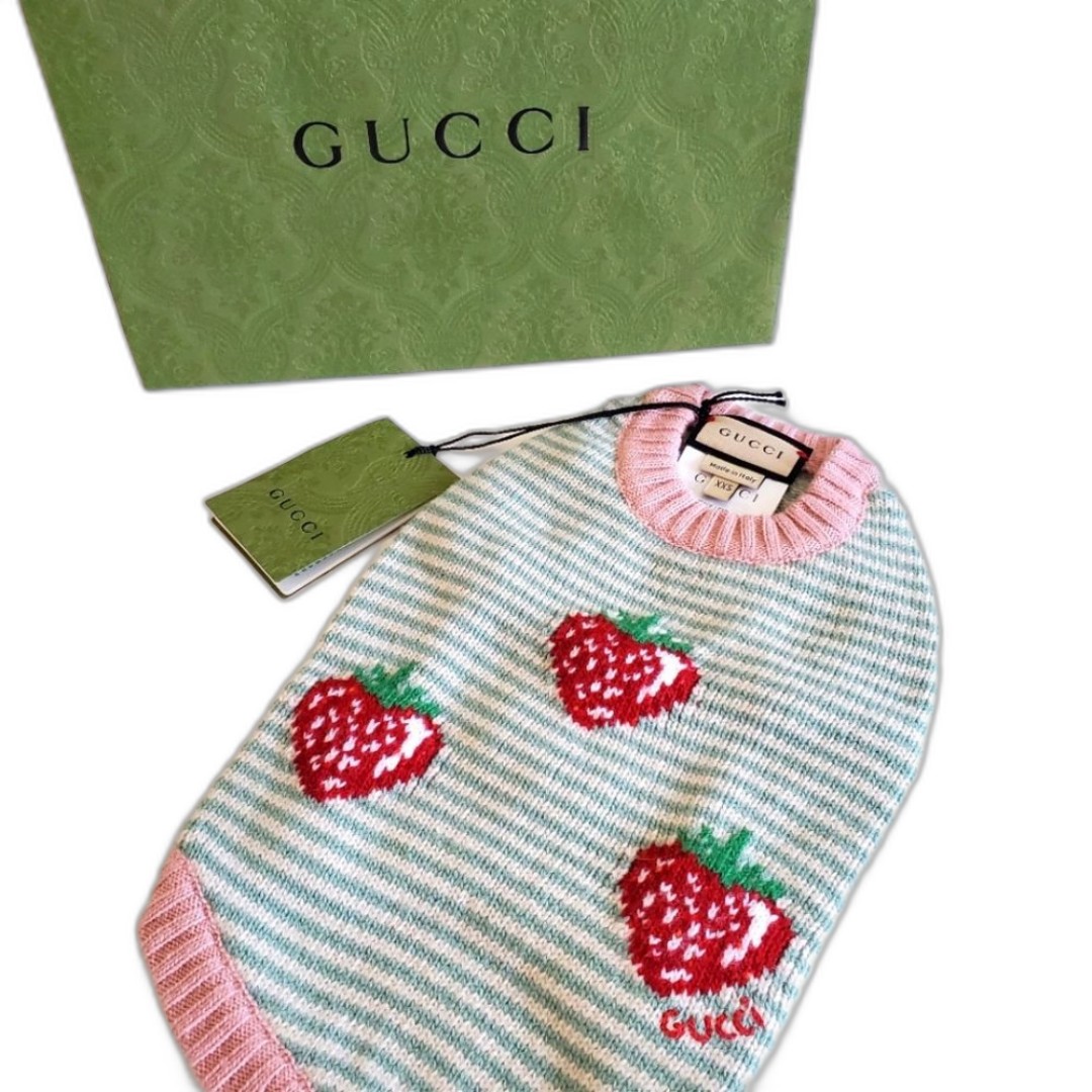 GUCCI Red Strawberries Blue Stripe Pink Trim Wool Pet Sweater Size XXS NWT