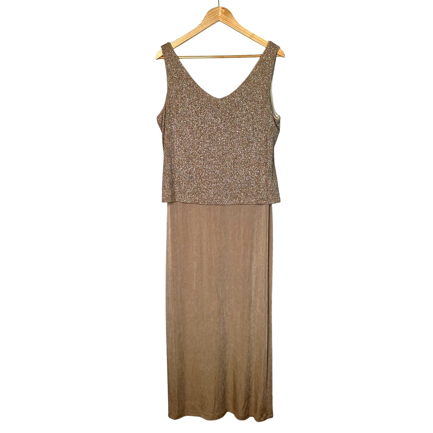 Ronni Nicole By Ouida 14 Gold Shimmer Maxi Dress Stretch Knit Sleeveless Formal