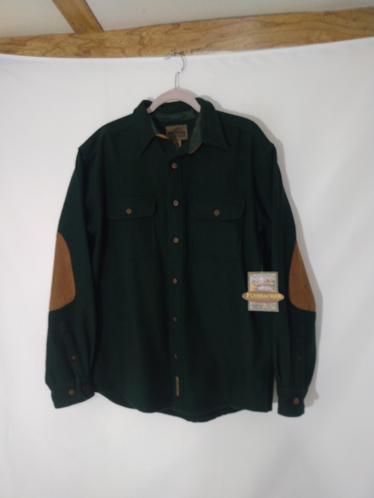 NWT Mens Flyshacker Forest Green Wool Button Shirt Jacket W/ Elbow Patches Sz M