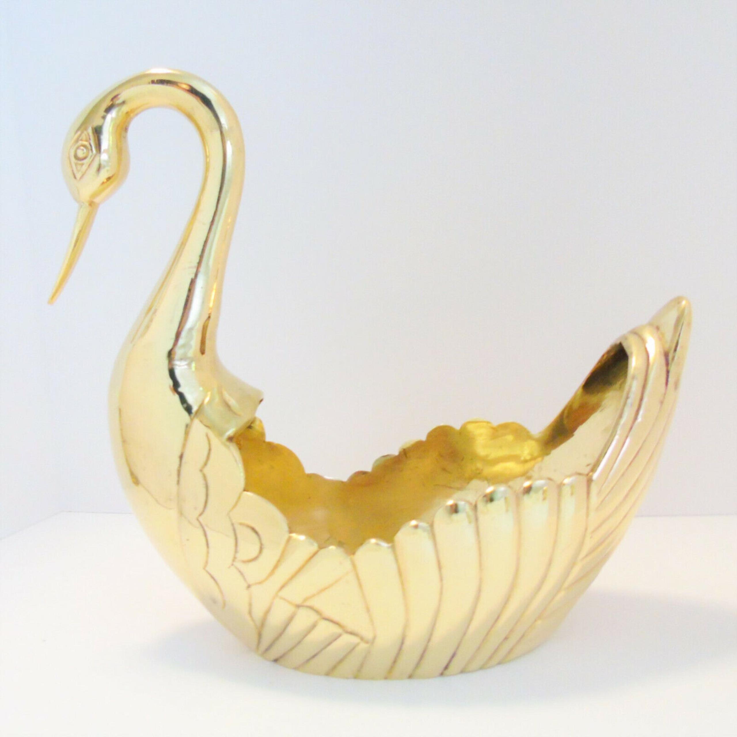 VTG Solid Brass SWAN PLANTER 11"x11" Mid Century Jardiniere Enesco India Label!