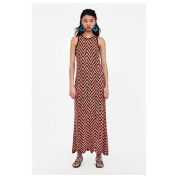 Zara Women's Crochet Rainbow Zig Zag High Neck Sleeveless Maxi Dress Size Medium