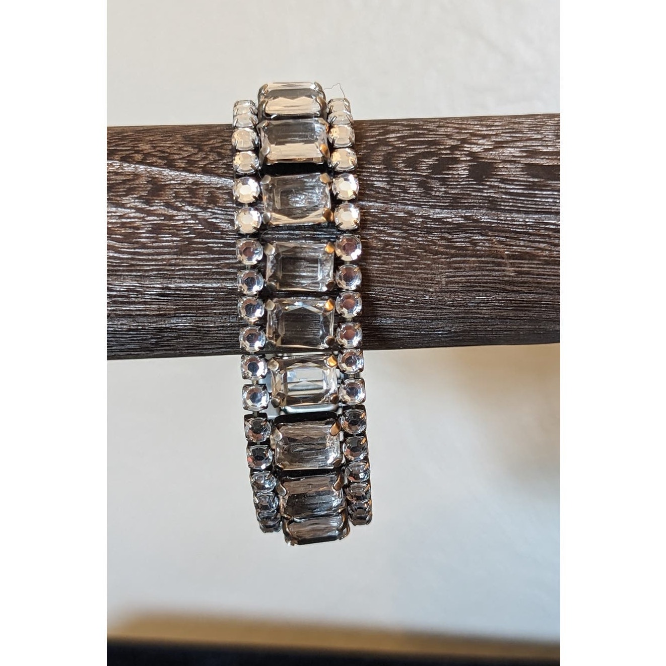 Vintage Three Row Round Cut & Emerald Cut Expandable Silver Tone Bracelet
