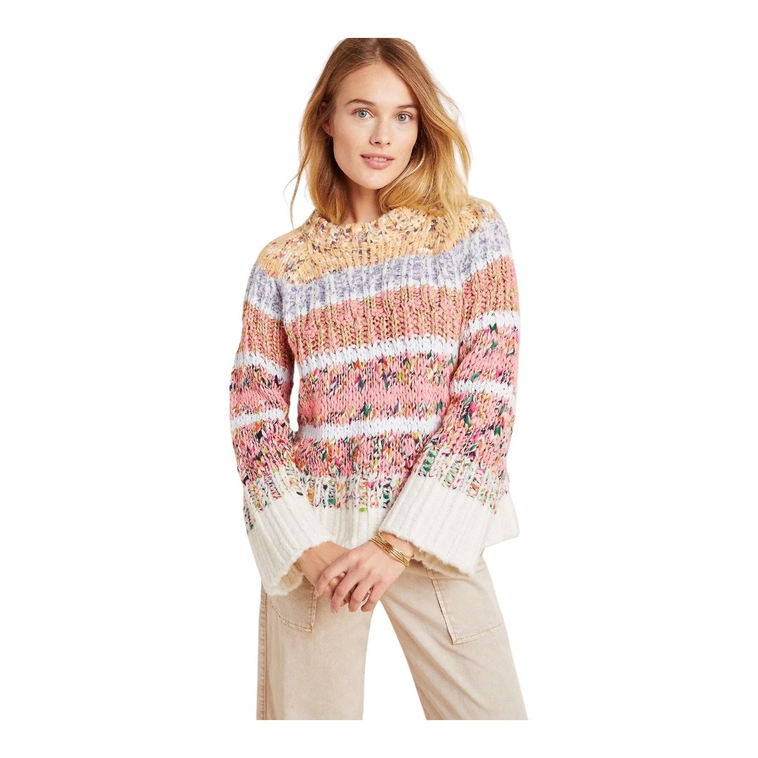 NWT Anthropologie Kahlo Striped Chunky Knit Sweater Multicolor Cozy Size PM