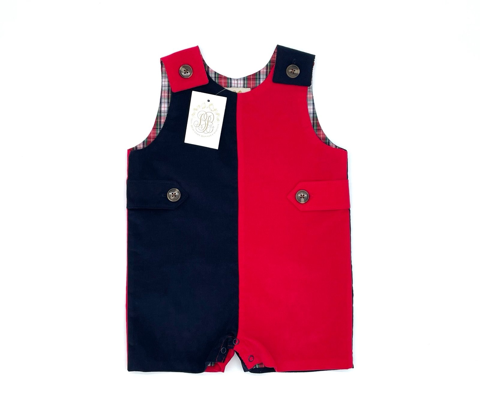 NWT The Beaufort Bonnet Company Christmas Corduroy Jon Jon in Red & Blue 18-24M