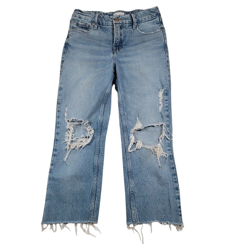 Good American Women Distressed Crop Straight Jeans Sz 2 / 26 Blue Fray Thrashed