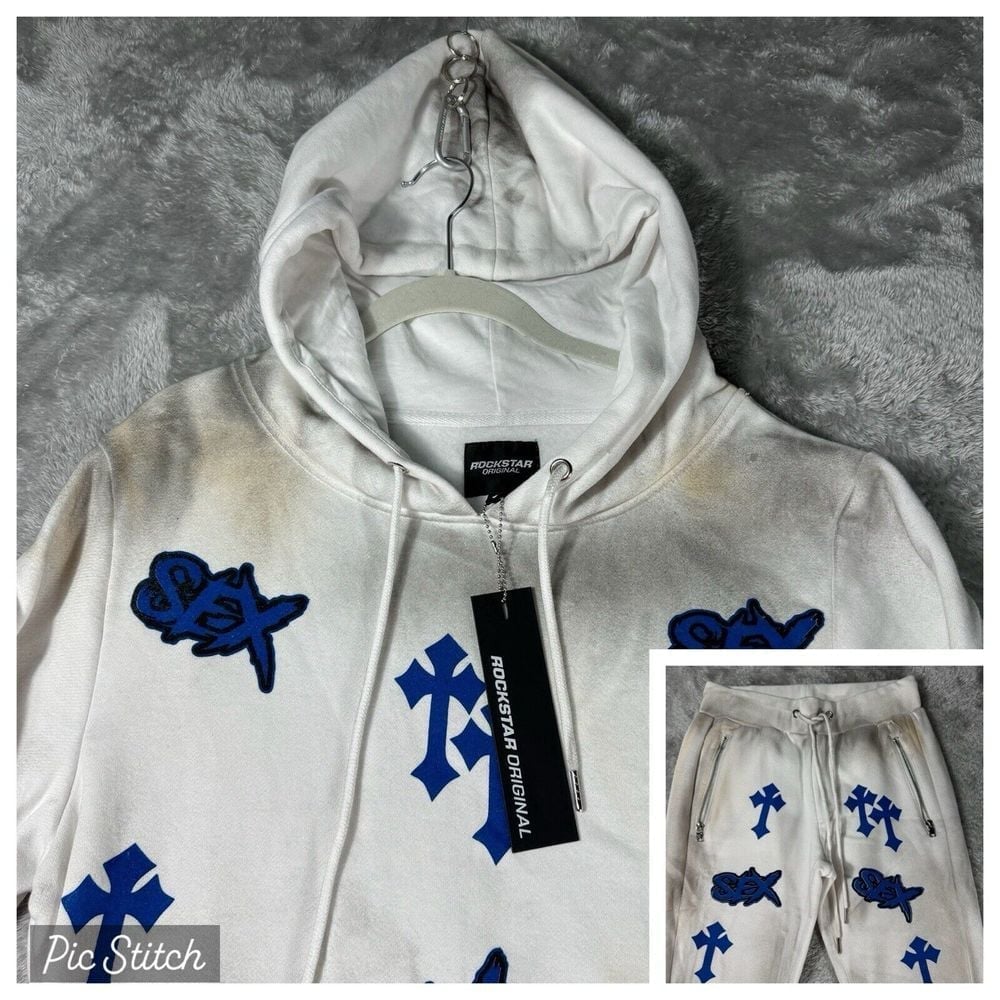 Rockstar Original Sweat Suit Mens S White Hoodie Pants Cross Spray Paint Retro