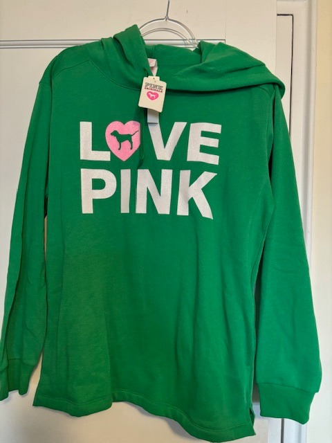 VS PINK Originals Campus Pullover Hoodie Green with Glitter logo Size Medium NWT