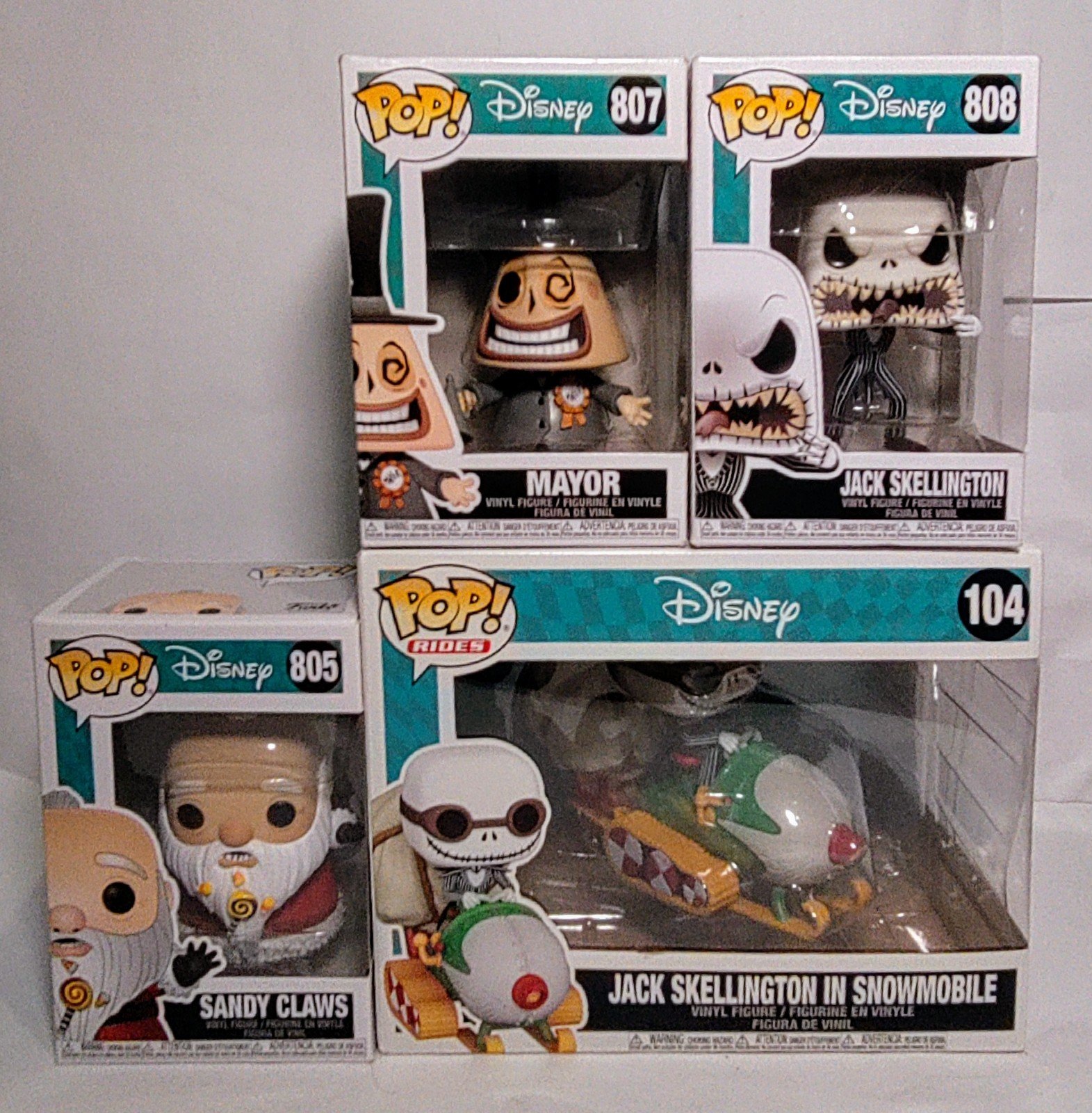 Funko Pops Lot of 4 Christmas Jack Snowmobile, Mayor, Skellington, Sandy Claws