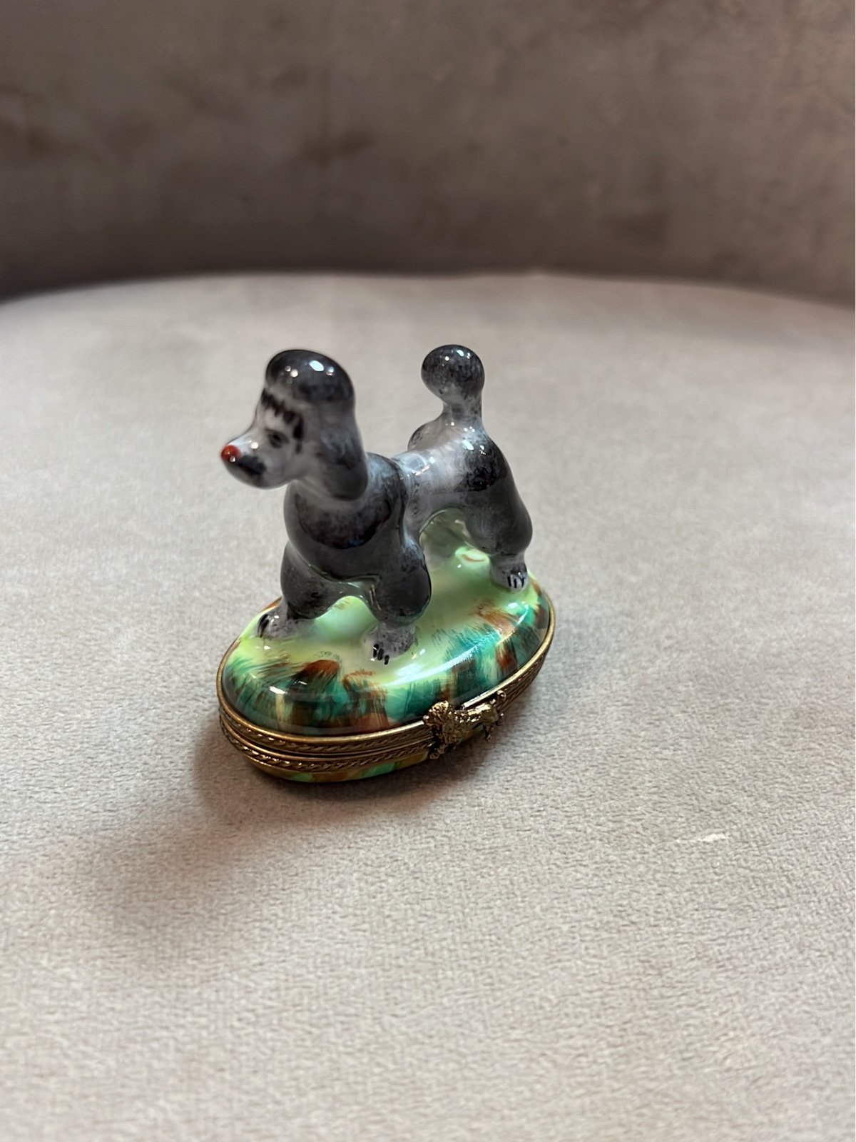GRAY POODLE ON GREEN BASE DOG - LIMOGES PORCELAIN FIGURINE BOXES AUTHENTIC