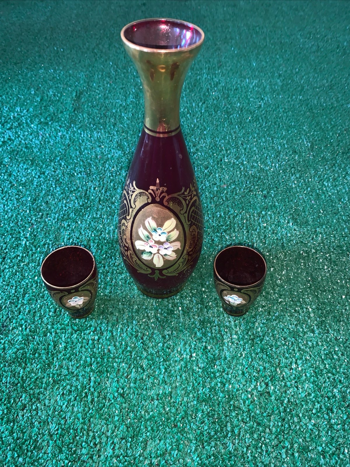 Vintage Venetian Ruby Red Glass with Gold Pattern Decanter & Two Shot Glasses