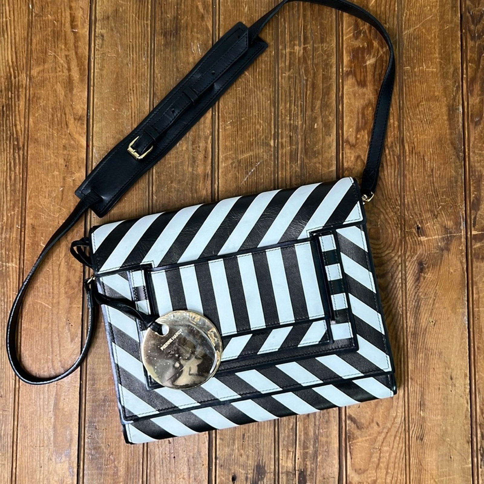 Women’s Pierre Hardy black and white striped leather envelope crossbody bag rare