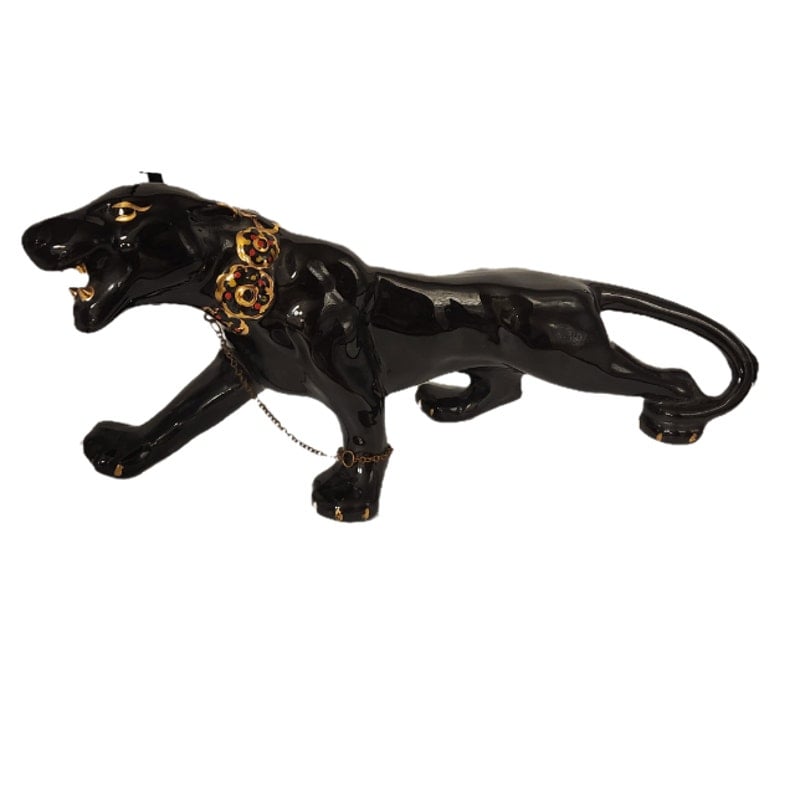 MCM Ceramic 19” Long Black Panther Green Jewel Eyes & Gold Accents Cat 8½ Tall