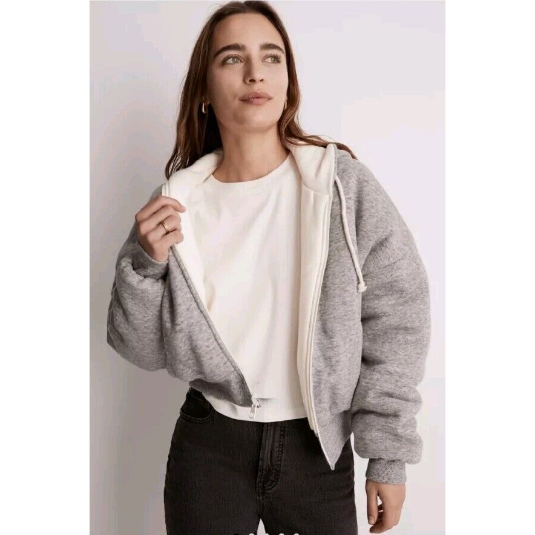 NEW Madewell MWL Reversible Puffer Hoodie Jacket Hthr Pepper Gray Cream Size M